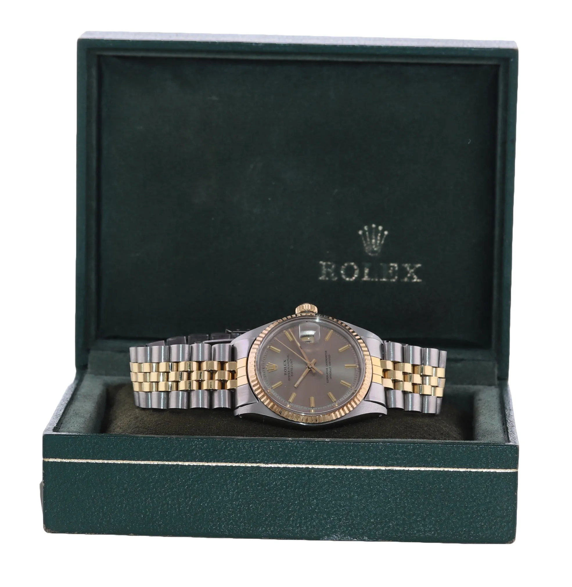 VTG Rolex DateJust 1601 Grey Pie Pan Dial Two Tone Gold Steel Jubilee Watch