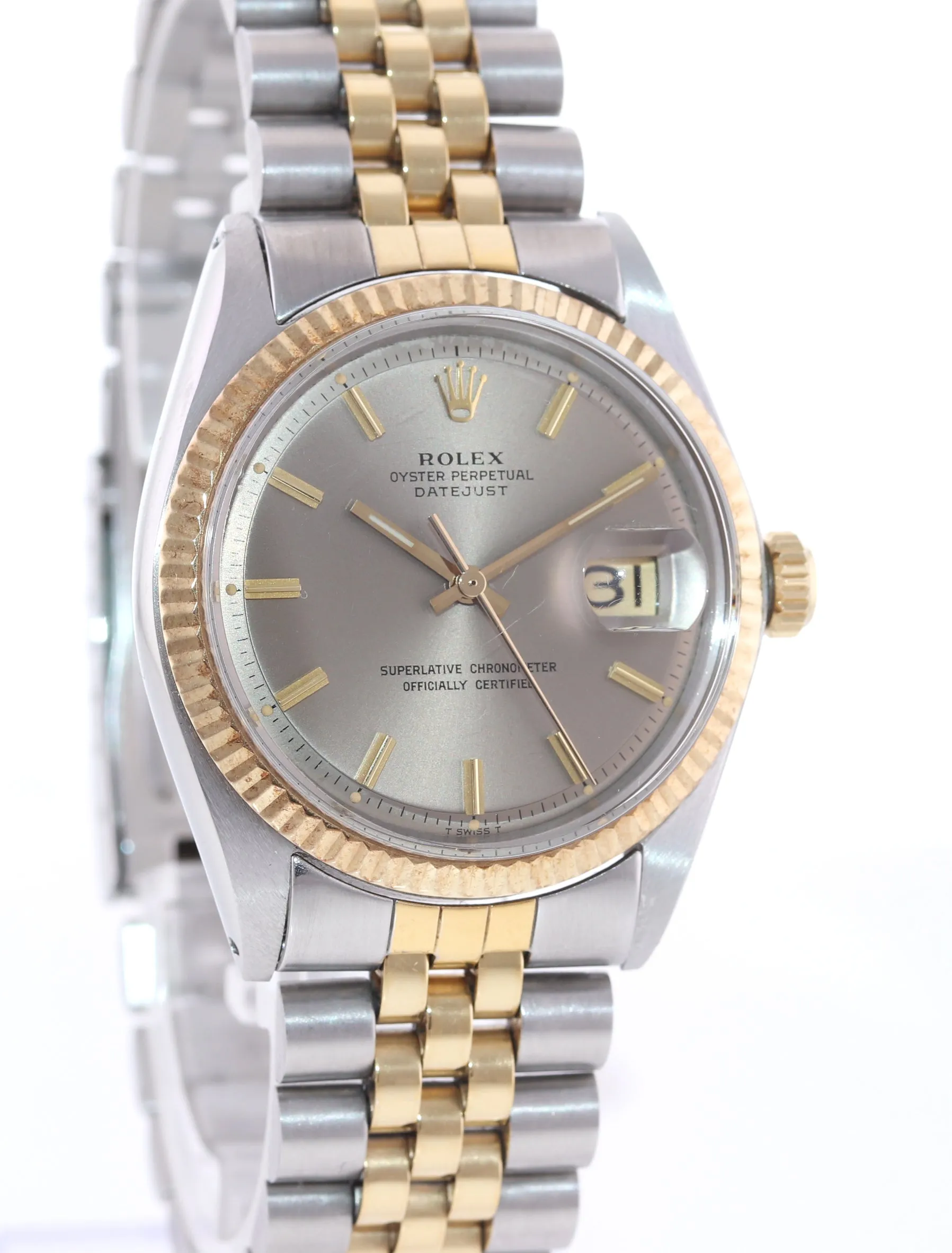 VTG Rolex DateJust 1601 Grey Pie Pan Dial Two Tone Gold Steel Jubilee Watch