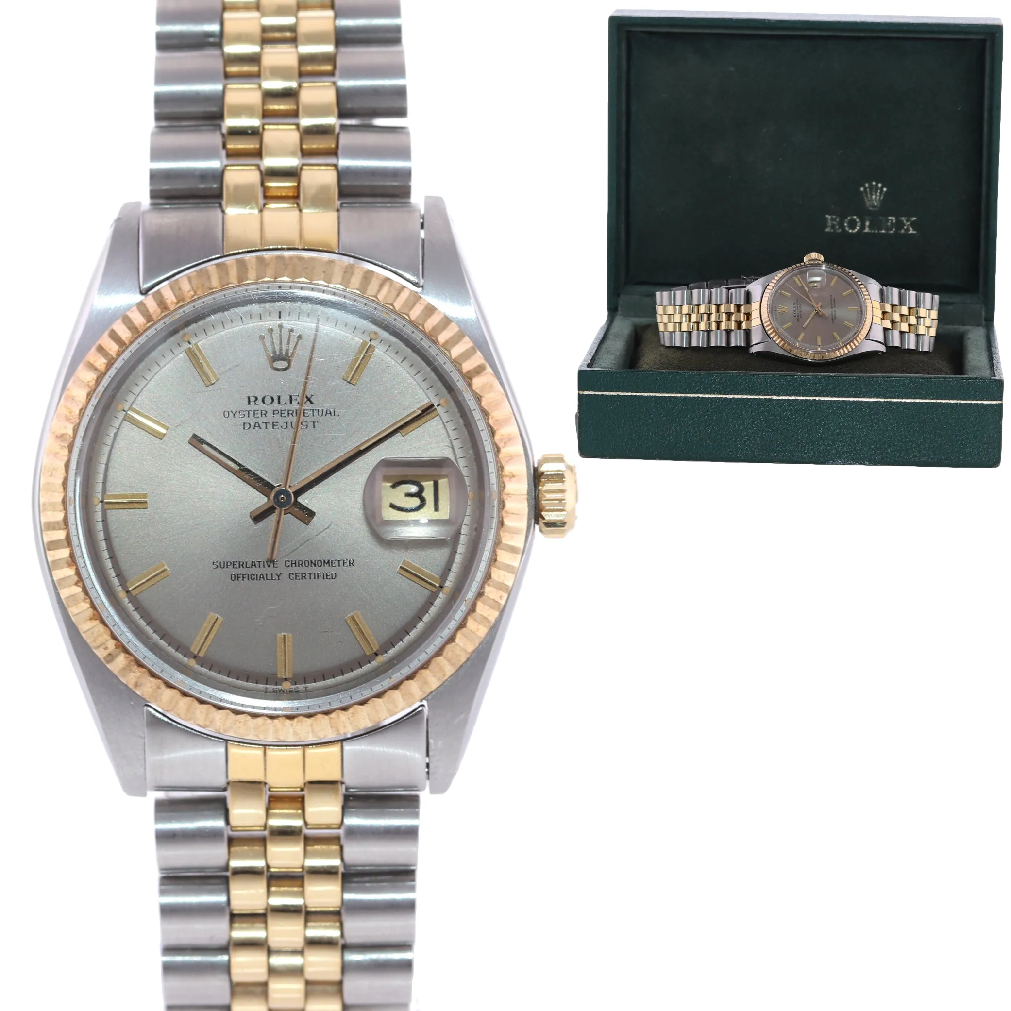 VTG Rolex DateJust 1601 Grey Pie Pan Dial Two Tone Gold Steel Jubilee Watch