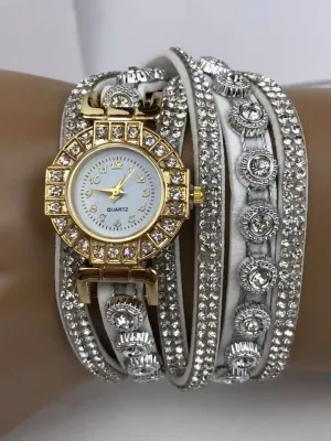 White Double Wrap Bracelet White Crystals Watch