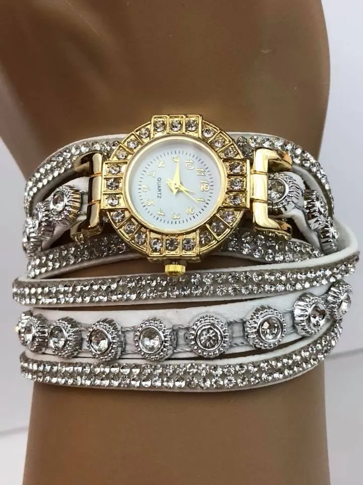 White Double Wrap Bracelet White Crystals Watch