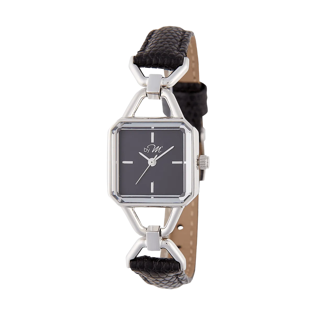 WL002BK Silver Watch with Black Leather Strap Black Dial