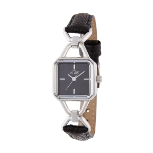 WL002BK Silver Watch with Black Leather Strap Black Dial