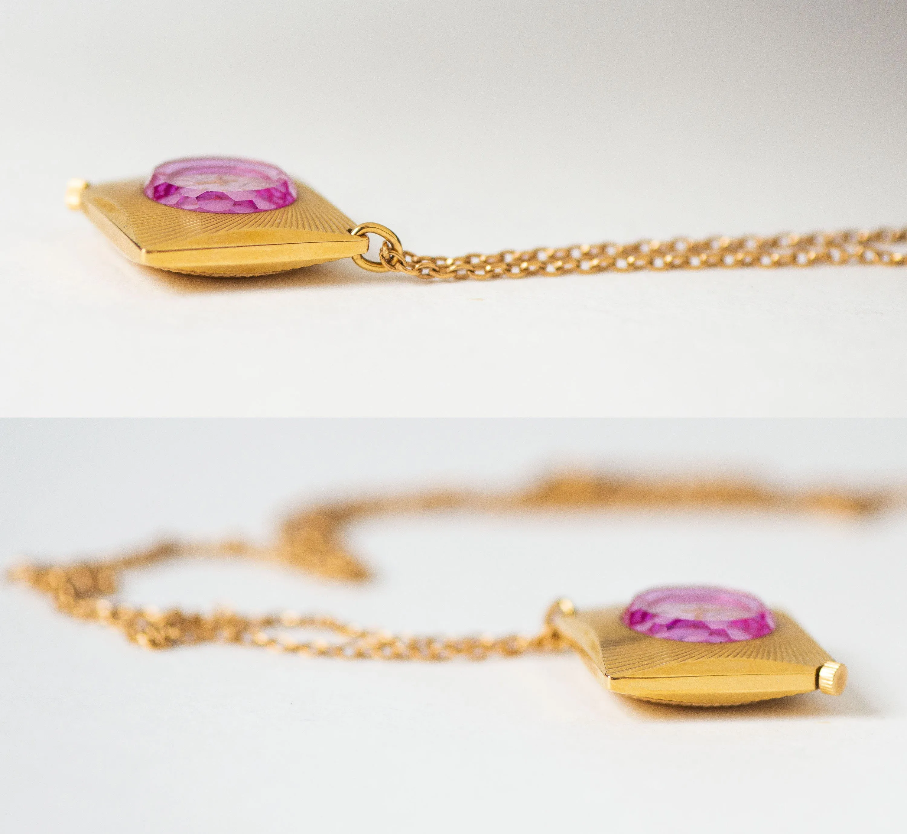 Women's watch pendant unused vintage Seagull gift, NOS watch necklace for lady geometric sunburst case, rare pink angular cover rhombus case