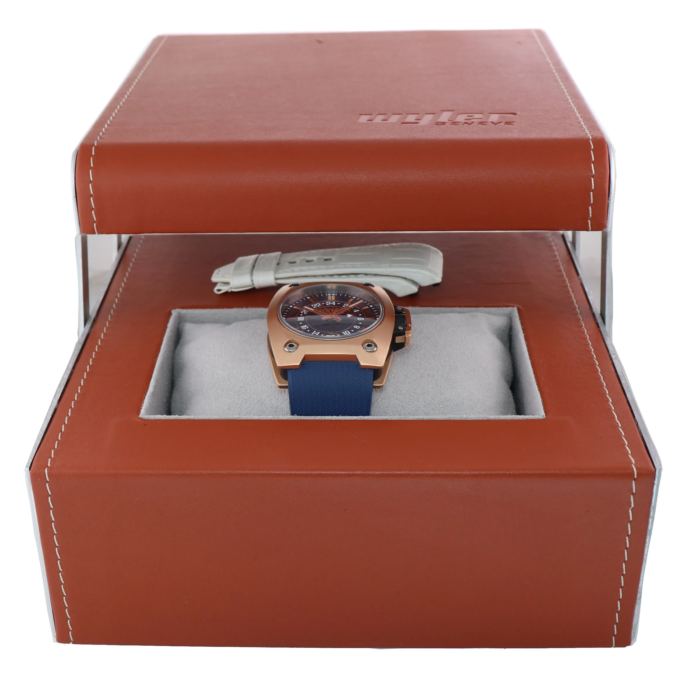 Wyler Geneve Code R GMT Date 200.2 Solid 18k Rose Gold Blue 44mm Automatic Watch