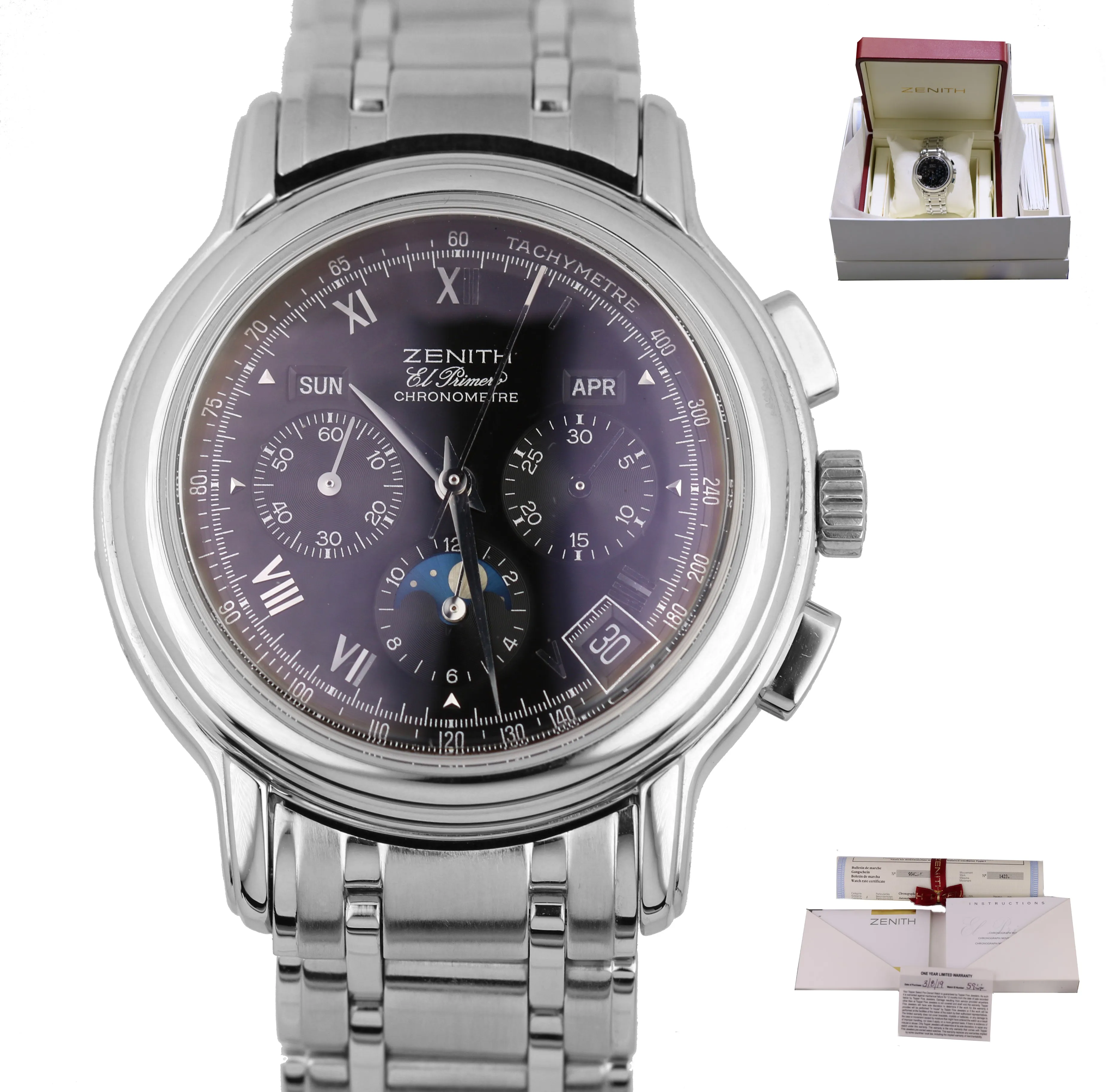 Zenith El Primero 02.0240.410 Chronomaster T Moon Black Dial SS/SS Box & Papers